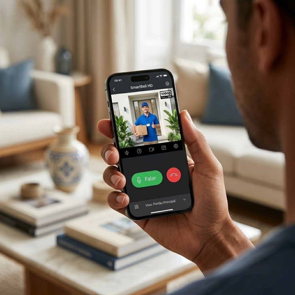 Mano sujetando un móvil que muestra la app SmartBell HD con vídeo en directo de la puerta