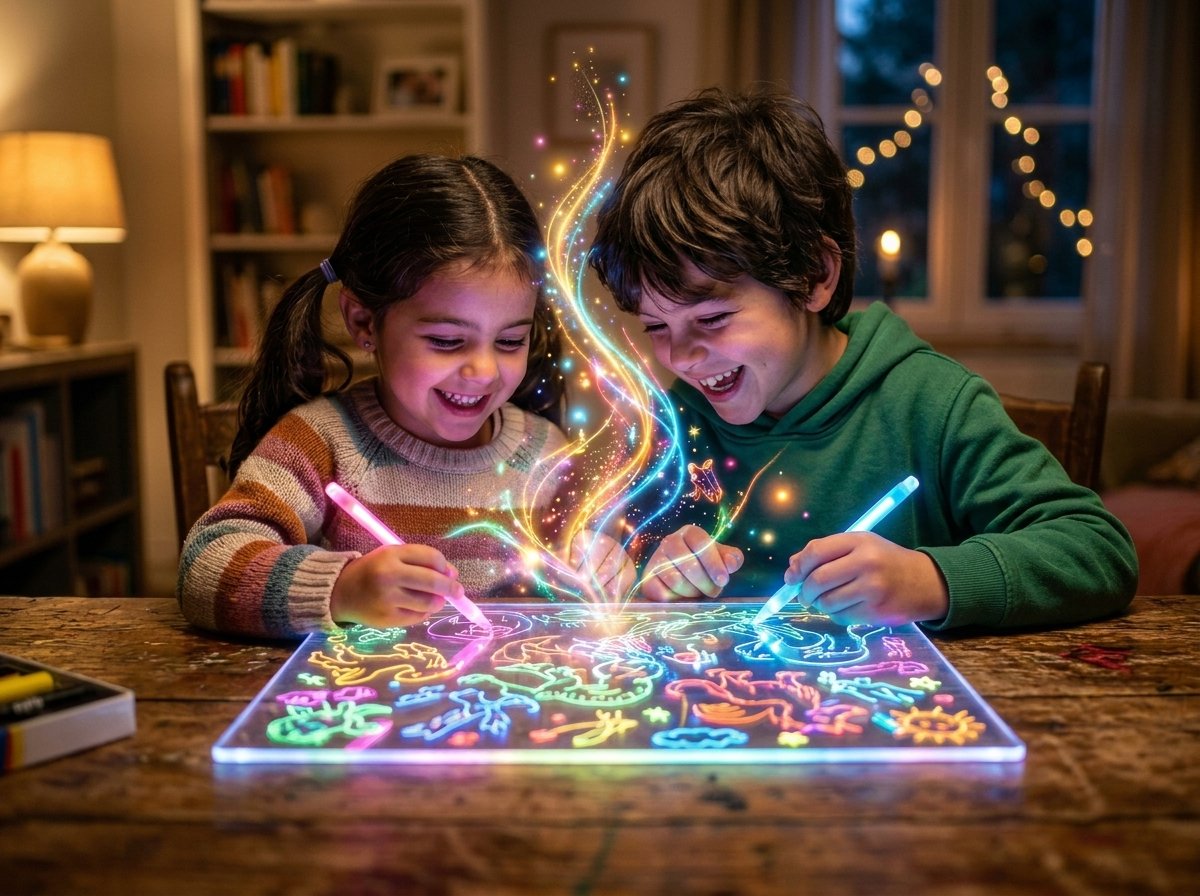 Niños felices dibujando libremente en el LumiBoard en un ambiente familiar