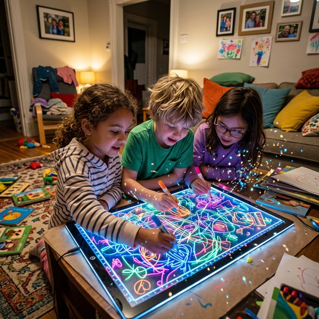 Niños dibujando libremente en el LumiBoard en un ambiente familiar