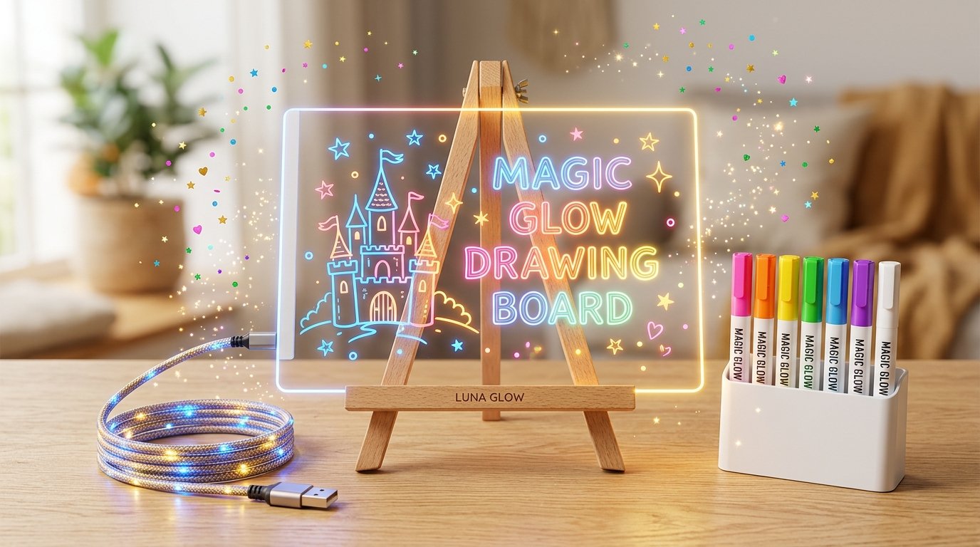 Panel LED en trípode conectado por USB brillando con dibujos de colores