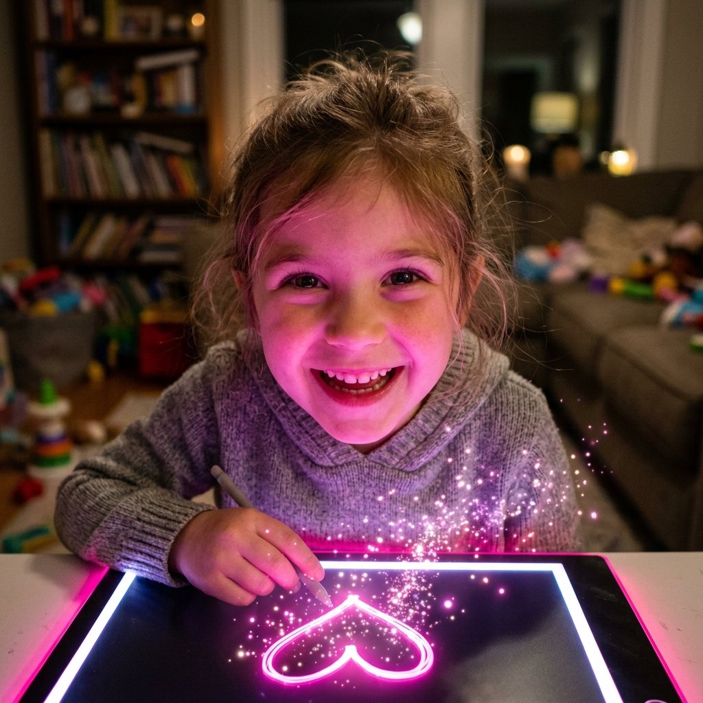 LumiBoard brillando intensamente en una habitación oscura con niño en silueta