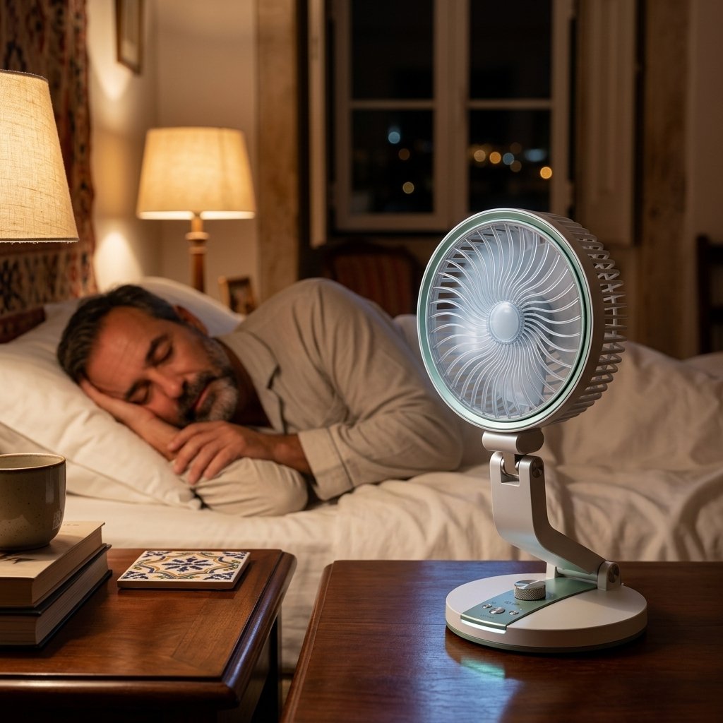 BreezeFold ventilador plegable en el dormitorio refrescando a una familia española