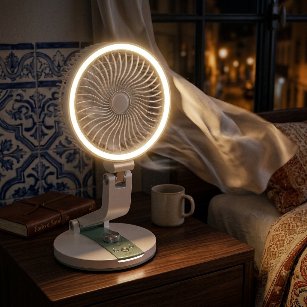 BreezeFold refrescando una mesilla de noche en una habitación oscura con LED brillando