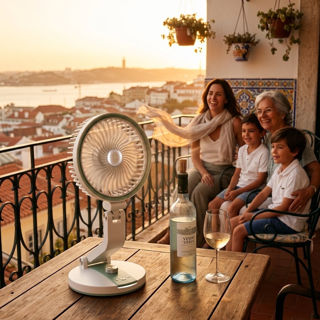 BreezeFold encendido en una terraza española con familia relajada al atardecer
