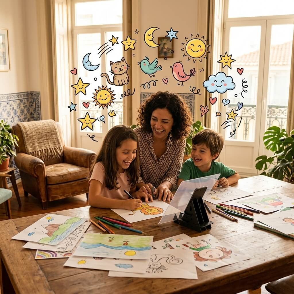 Família a desenhar junta com o projetor ótico