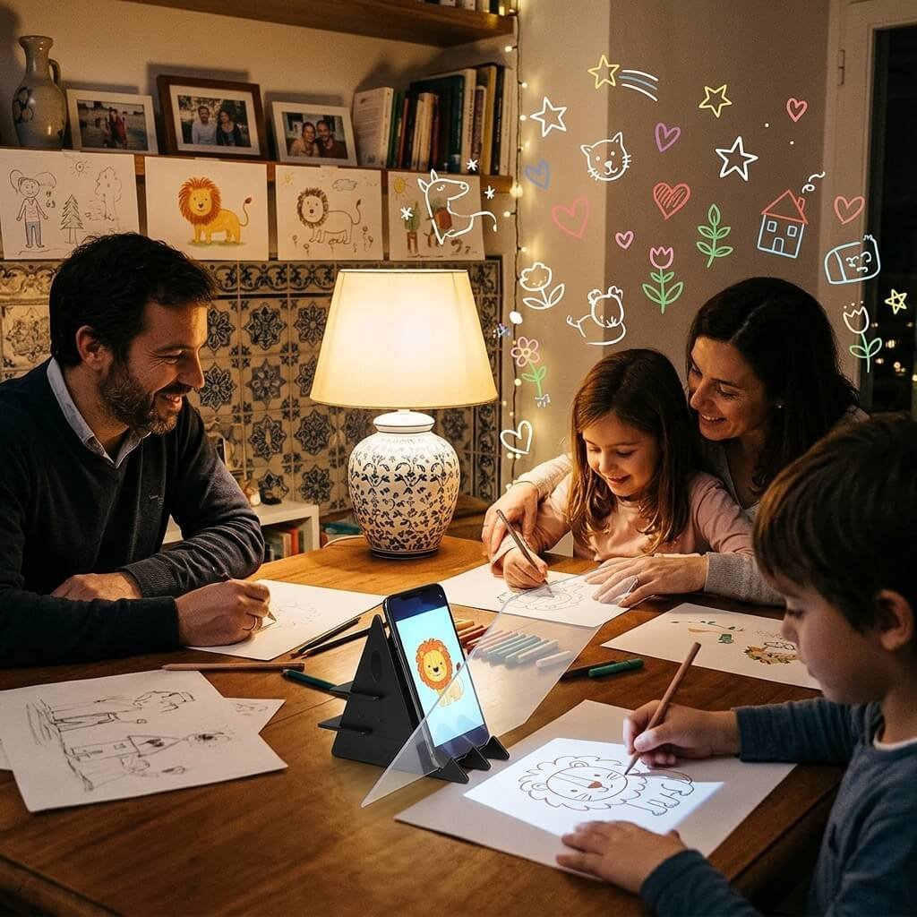 Familia feliz dibujando junta en casa