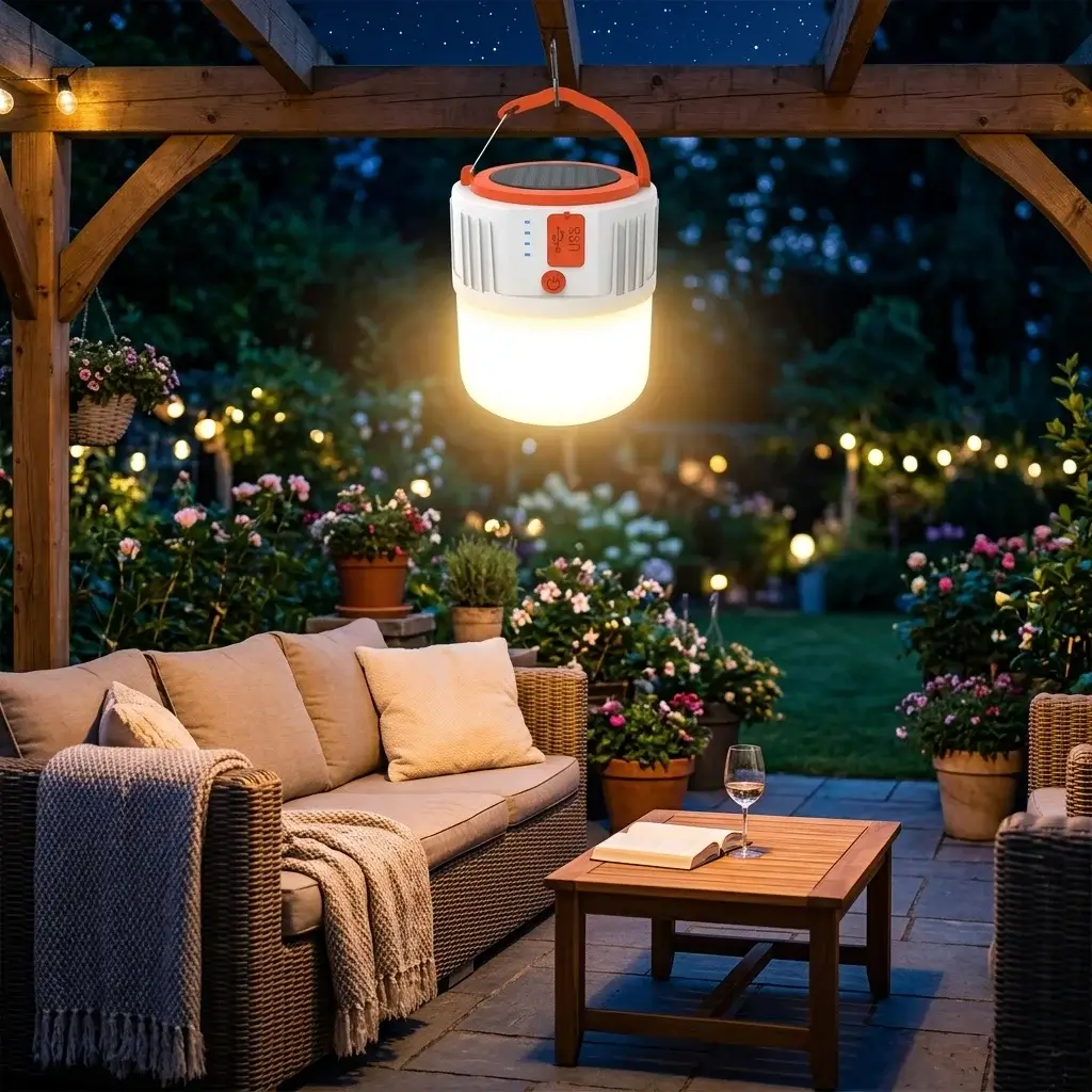 Linterna solar iluminando un jardín de noche