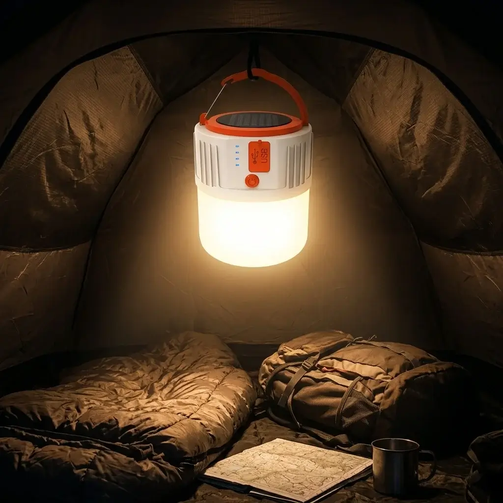 Lanterna solar pendurada na tenda a iluminar o interior