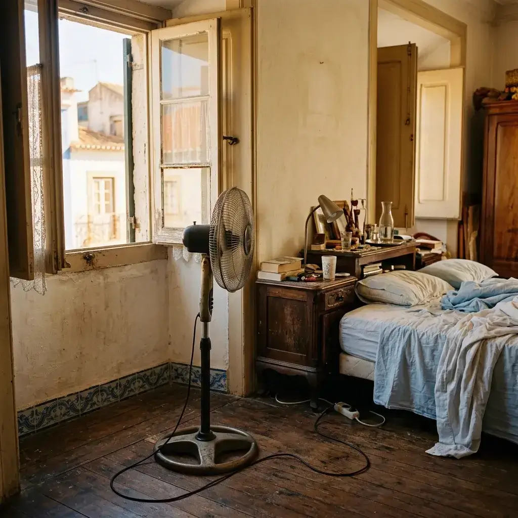 Habitación calurosa en una noche de verano, con un ventilador de pie ruidoso y el aire acondicionado apagado