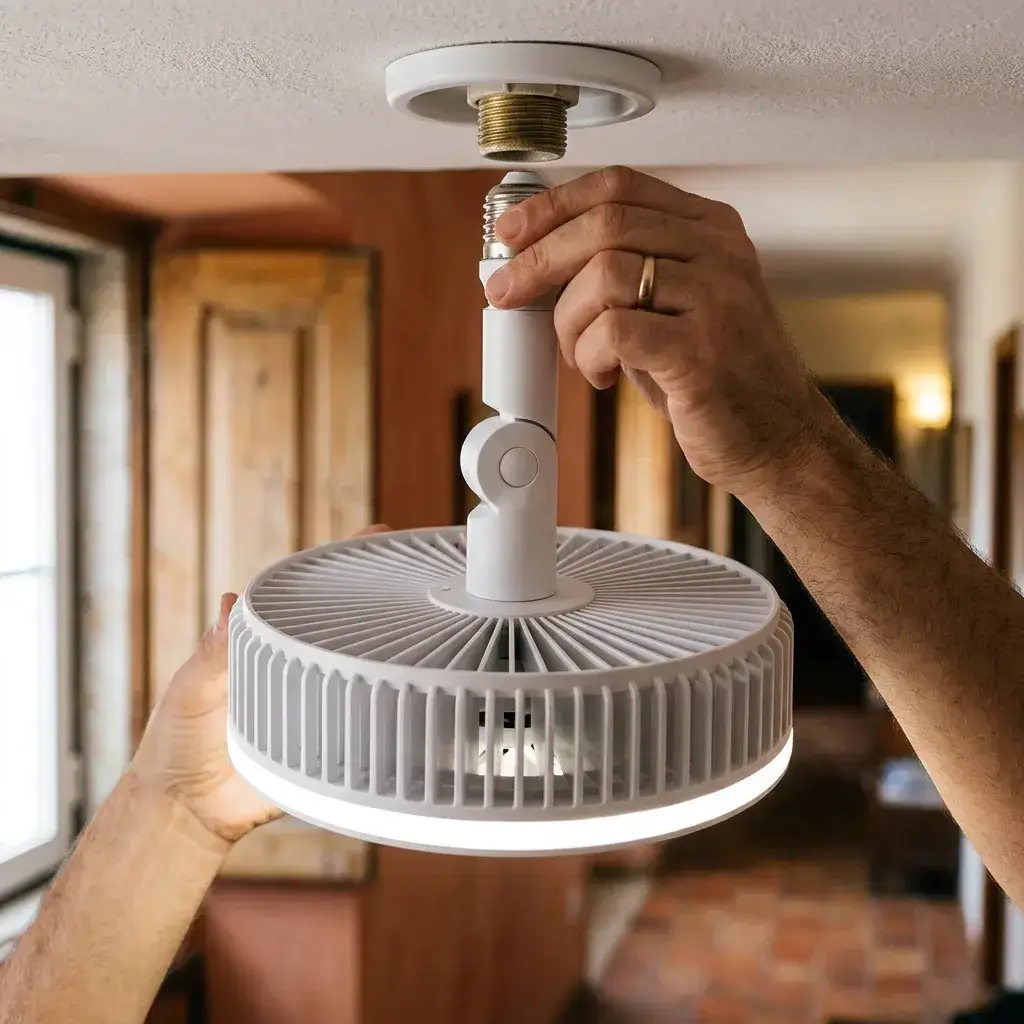 Mano enroscando el ventilador de techo en un casquillo E27