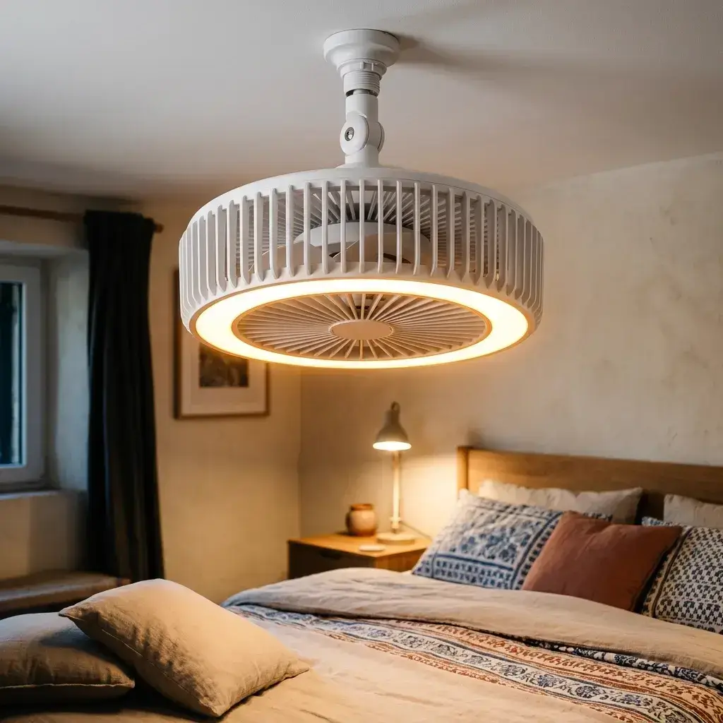 Ventilador de techo encendido con luz cálida en un dormitorio