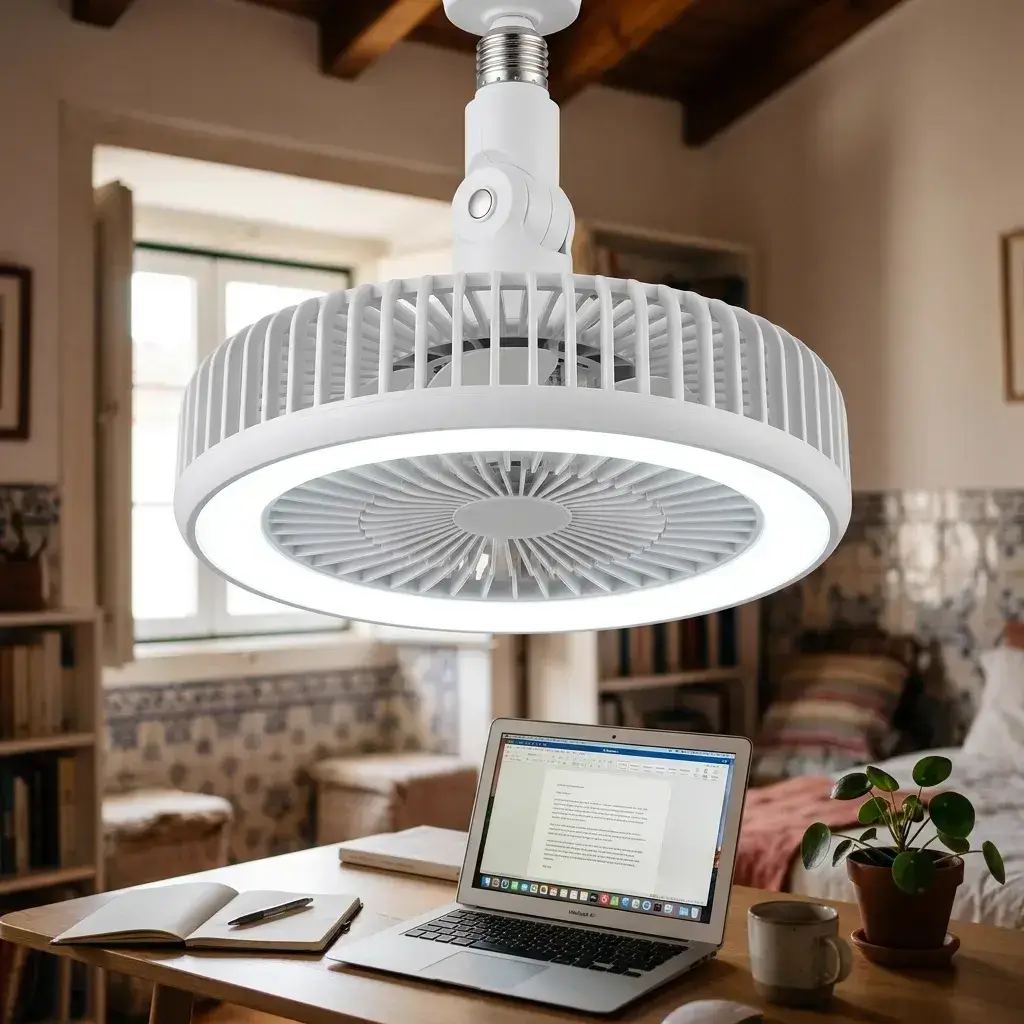 Ventilador de techo con luz blanca en un despacho en casa