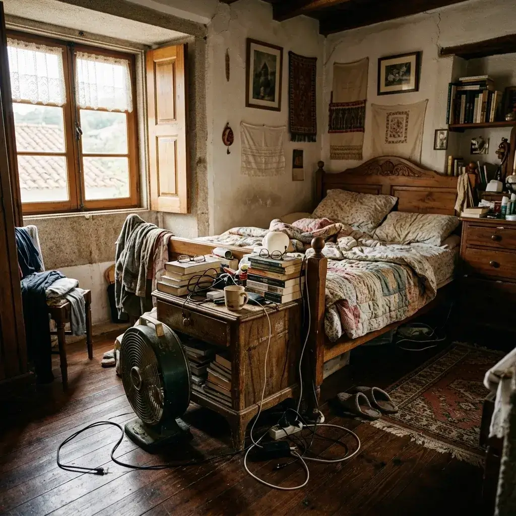 Mesilla llena de cosas, con un ventilador de pie y cables por el suelo del dormitorio