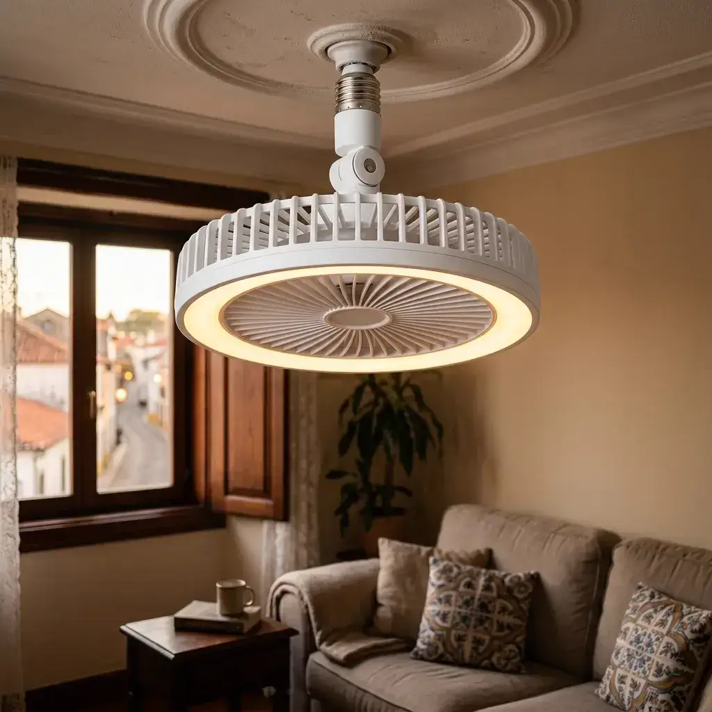 Ventilador de techo con luz LED encendida en tono cálido