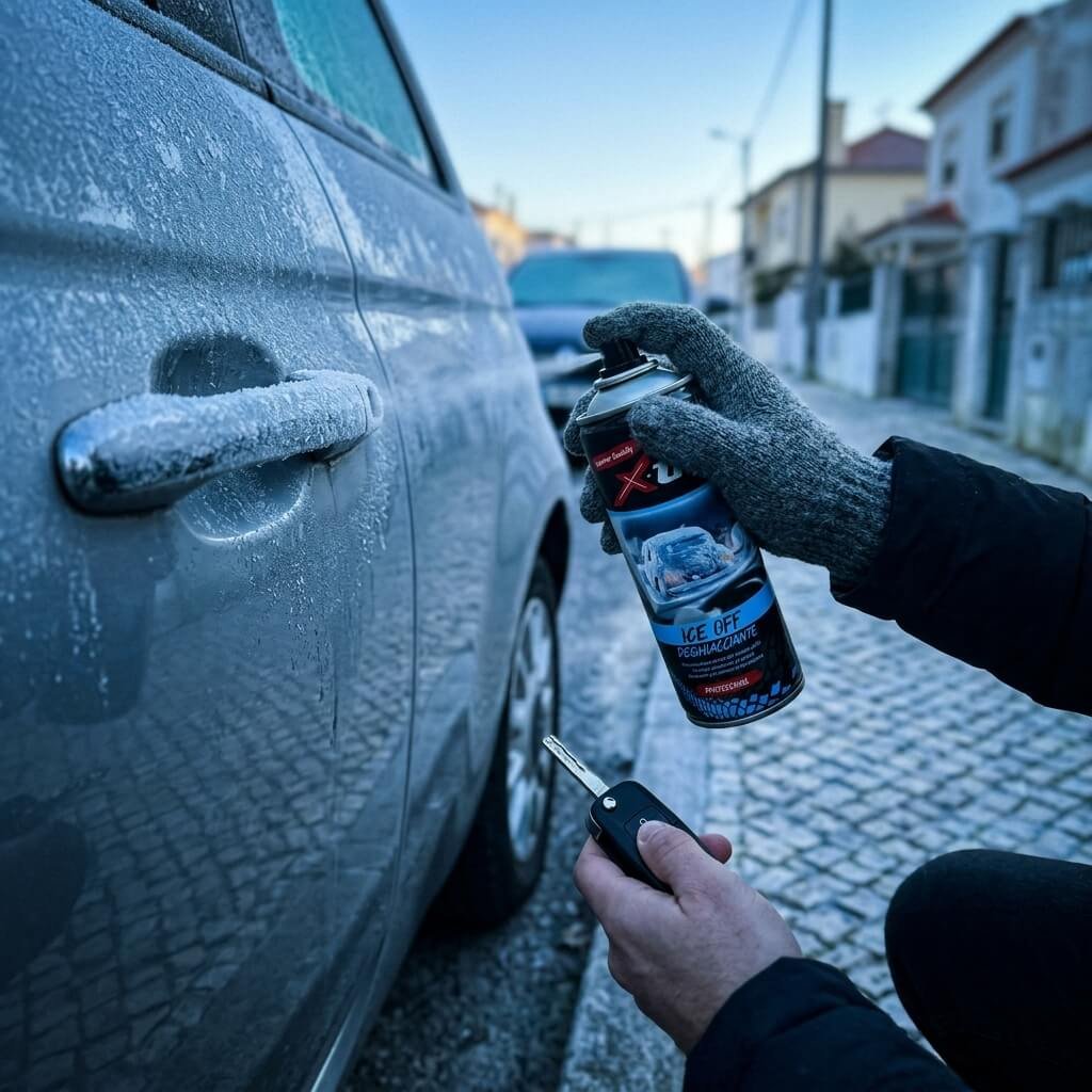 Aplicación del spray Ice Smelter en una cerradura de puerta de coche cubierta de hielo