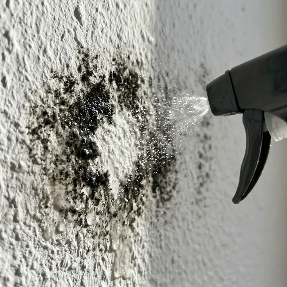 Picături fine de MoldShield care cad pe mucegai negru de pe o tencuială albă, care se deschide la culoare acolo unde atinge sprayul