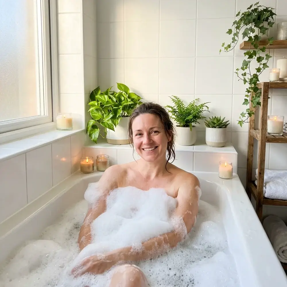 Femeie relaxată într-o cadă cu spumă, într-o baie luminoasă cu faianță și rosturi albe