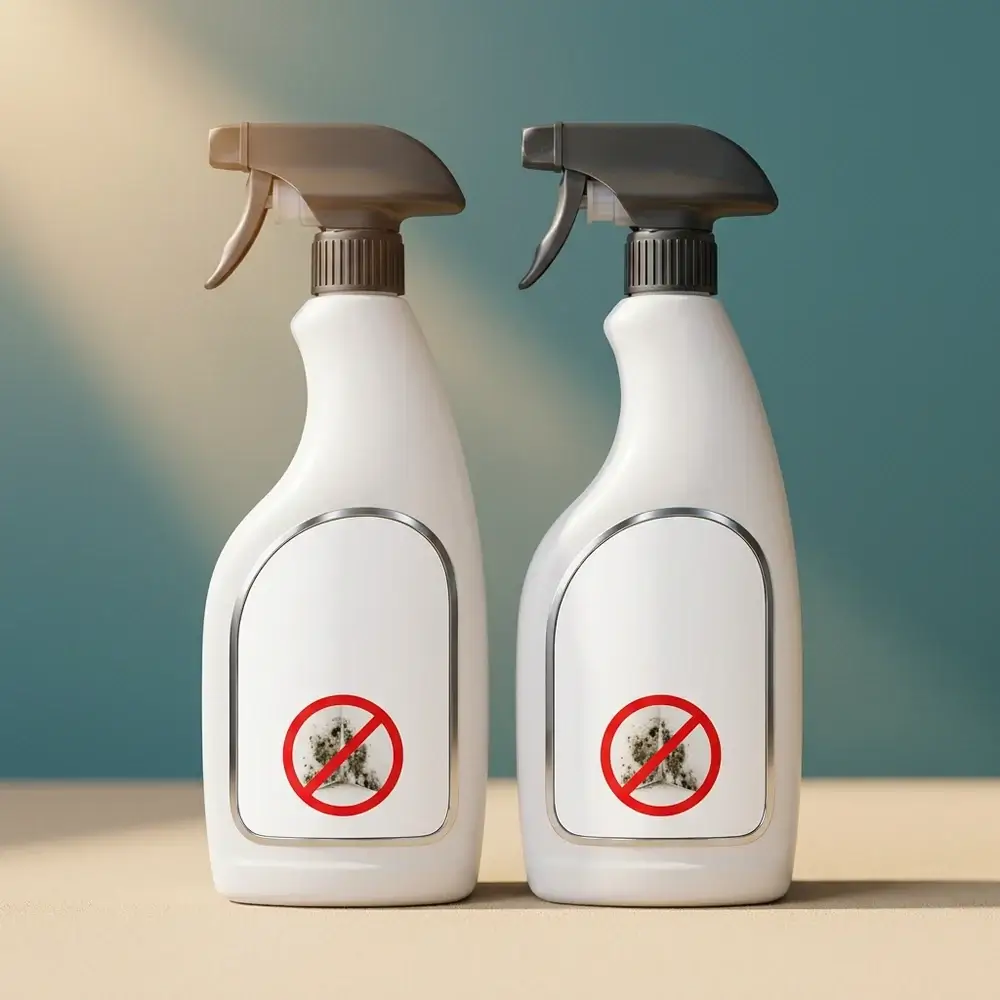 Două sticle spray MoldShield una lângă alta pe fundal petrol, cu lumină chihlimbarie